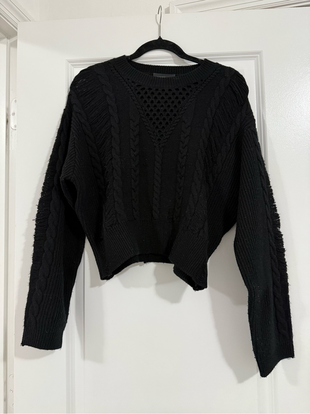 The Kooples Black Cable & Open-Stitch Crewneck Sweater